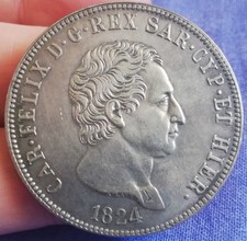 CARLO FELICE - 5 LIRE 1824 TORINO - RICONIO -REGNO DI SARDEGNA - OTTIMA QUALITÀ