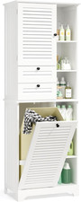 Mobile Salvaspazio Alto da Bagno con Cesto Portabiancheria, 2 Ante a Lamelle, 2 