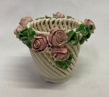 Vasetto ciotola in ceramica Capodimonte intrecciata con fiori 8 cm made in Italy