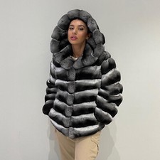 New Women Full Pelt Real Rex Rabbit Fur Hooded Coats Chinchilla Overcoat Outwear