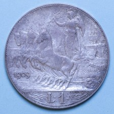 VITTORIO EMANUELE III LIRA 1909 QUADRIGA VELOCE qSPL ARGENTO SILVER COIN