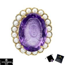 925 Argento Sterling Spilla Donna Intagliato Ametista 52ct Perla Fatto a Mano