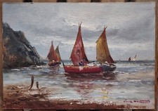 Athos Brioschi Quadro a Olio Paesaggio Mare Barche Pesca Italiano Antico