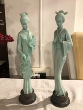 COPPIA STATUINE SCULTURE RESINA ASIATICHE GEISHA ARNALDO GIANNELLI VINTAGE EPOCA