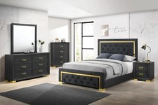 Set Letto Moderno Glam 6pz Pannello King Size Finitura Oro Nero Arredo Camera da Letto