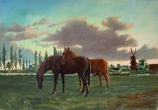 Quadro a Olio Impressionista Paesaggio Con Cavalli E Mulino Anonimo 46 X 66 CM