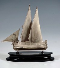 Antico Argento Barca a Vela Base Legno Sailing Ship MALTA H:22 CM Um 1920