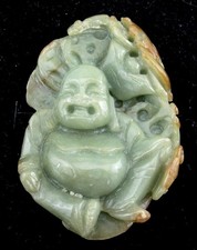 CIONDOLO VINTAGE CINESE giada nefrite verde BUDDHA SPESSO INTAGLIATO