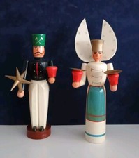 Vecchie Statuine Portacandele Angelo E Minatore In Legno Vintage Collezione 