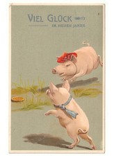1908 coppia maiali moneta antica cartolina portafortuna Buon Anno Neuen Jahre