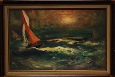 Dipinto olio su tavola raffigurante mare in tempesta con barche painting panel