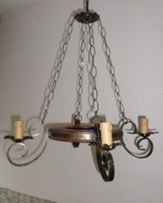 LAMPADARIO RUSTICO COUNTRY MOD. RUOTA 4 LUCI FERRO E LEGNO DA SOFFITTO