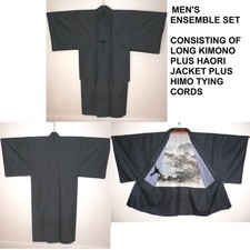 SET COMPLETO GIACCA KIMONO E HAORI VINTAGE UOMO GIAPPONESE TESSUTO SETA PAESAGGIO LAGO