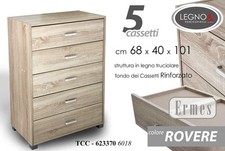 CASSETTIERA MODERNA SETTIMINO 5 CASSETTI DESIGN ROVERE SBIANCATO 101*68*40 cm