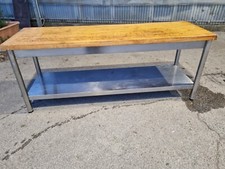 BANCONE TAVOLO IN ACCIAIO CON PIANO IN LEGNO USATO LUNGO 220CM