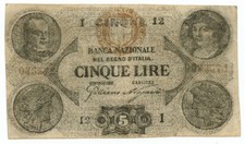 5 LIRE FALSO D'EPOCA BANCA NAZIONALE NEL REGNO D'ITALIA 30/10/1867 BB+