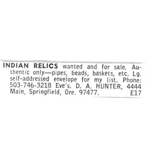 Hunter indian relics - hunter,