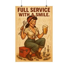 Poster Vintage Servizio Completo Con Sorriso Birra Ragazza, Retrò Pub Uomo-Caverna Decorazione