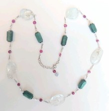 collana in argento 925 con acquamarina, smeraldi con dischi di ematite e rubini