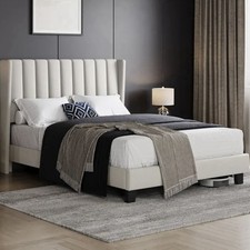 Struttura Letto Matrimoniale 4ft6 Beige Imbottita Piattaforma Lino con Testiera Trapuntata
