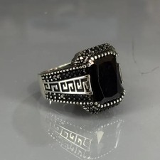 Anello Uomo Argento Sterling Onice: Chiave Greca Vintage Statement Jewelry