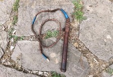 Leather whip, mid century handmade farm animal leather whip