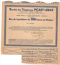 societè del telephones picart lebas bon de liquidation 300 francs doc.238