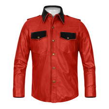 Camicia da uomo in pelle rossa giacca vera pelle di agnello maniche lunghe...