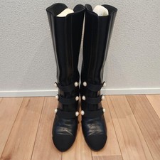 Stivali stivaletti CHANEL tacco bottone perlato scarpe donna taglia 39 COCO MARK pelle morbida