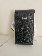 Nuova borsa telefono nano Harrods nera mini croc goffrata. Catena oro a tracolla