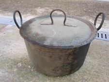 Pentola antica in rame e stagno pentolone vintage calderone con manici coperchio