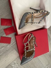 Scarpe Valentino Garavani grigio scuro pelle oro tacco rockstud 38 UK 5