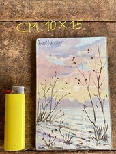 Mini Quadro Dipinto A Mano Su Pannello Acrilico Rosa Blu Arancio Nevicata Arte