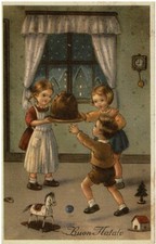Cartolina Augurale - Buon Natale 1954 -Panettone-Cavalluccio a dondolo-Bambini