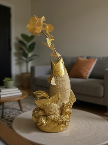 Scultura vaso pesce resina oro