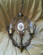 Lampadario Vintage Anni 50 Bronzo Putto Rose di porcellana