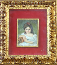 Quadro Dipinto Ritratto in Miniatura Bambina Opera Olio su Tavola Cornice Dorata
