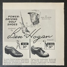 Scarpe da golf Ben Hogan Power Driving 1959 per uomo e donna in bianco e nero pubblicità stampa vintage