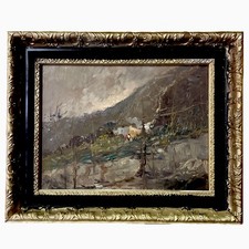 quadro dipinto a olio su tavola paesaggio montano con cornice stile antico 900 B