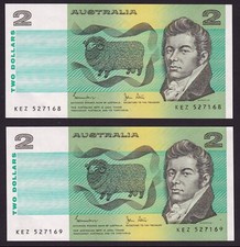 Banconota Australia 1983  $2 Dollari 2x consecutive UNC-FDS-NEUF Pick 43d