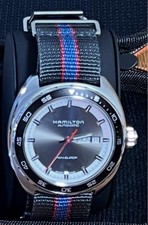 Raro Hamilton Pan Europ Day Date quadrante grigio automatico con cinturino NATO H35415982
