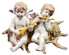 antica statuina porcellana conchiglia naturale gruppo di angeli Italia 1900 barocco