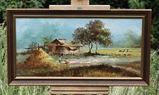 Scena di villaggio tropicale - Quadro olio su tela su tavola, firmato, con cornice