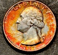 1932 P Washington Silver Quarter Rainbow Toned High Grade + Red Hue