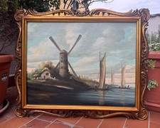 ANTICO DIPINTO OLIO SU TELA - PAESAGGIO FIAMMINGO - CORNICE STILE LUIGI FILIPPO