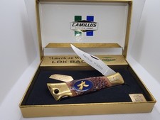 Coltello Vintage Camillus American Wildlife Lock Back #11B Howling Coyote Oro 14kt
