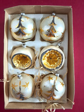 Palline natalizie vintage in vetro anni 60 – 6 pezzi oro con decoro glitter