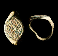 Anello stile intaglio bronzo romano-bizantino dispositivo reticolo croce 400AD antichità