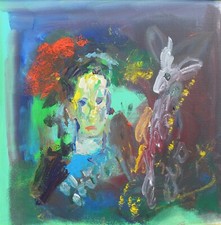 Ernesto TRECCANI (Milano 1920-2009) Figura con CONIGLIO olio su TELA cm 60x60