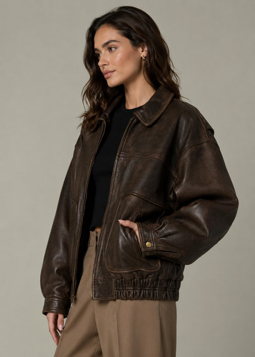 Giacca pelle marrone oversize